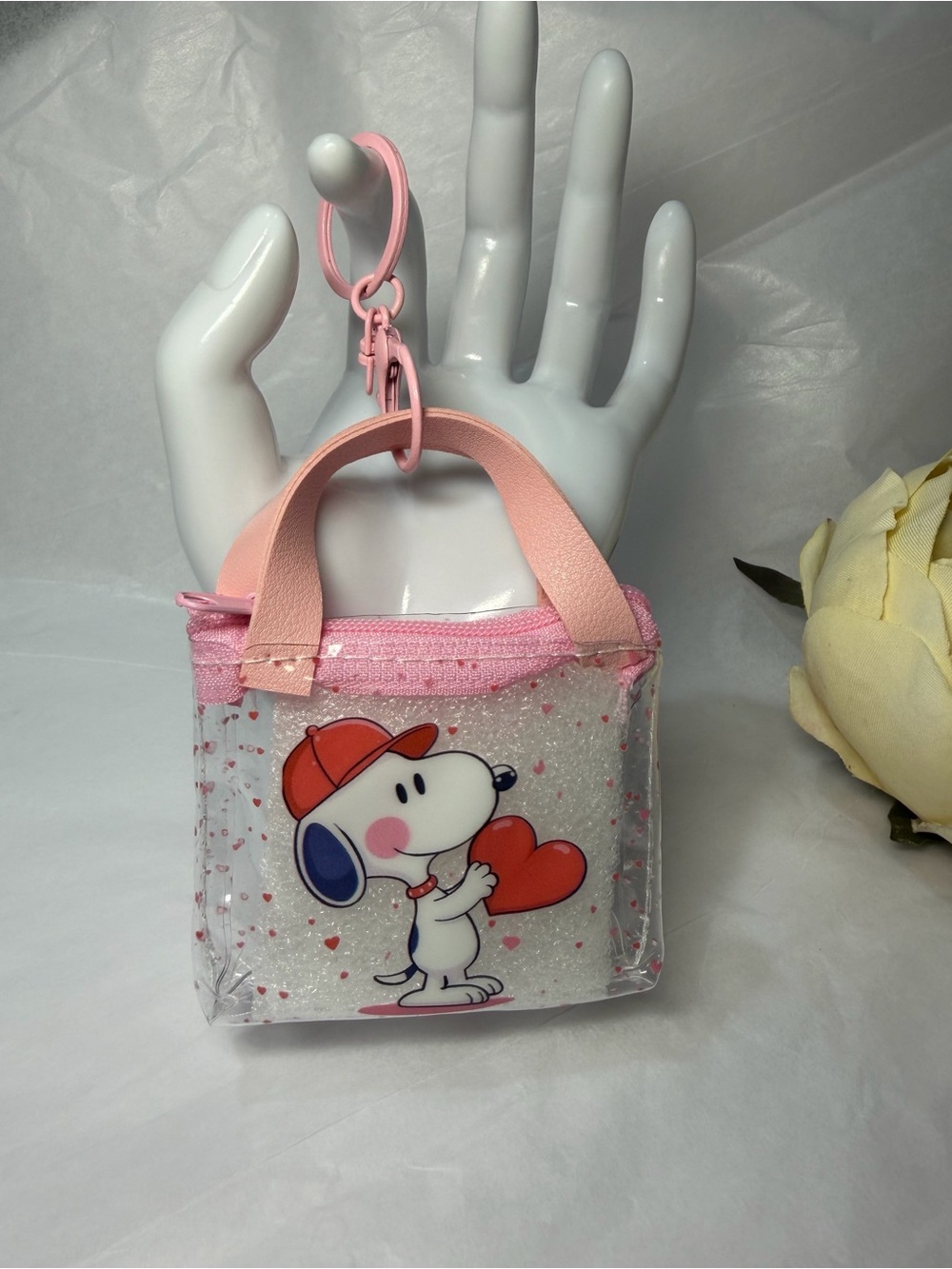 Clear Pink Snoopy Heart Mini Tote - Cute Keychain Bag